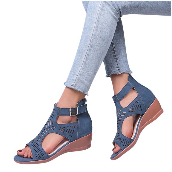 Xfvqtps Womens Wedge Sandals Peep Toe Back Zipper Ankle Buckle Hollow out Cut out Non Slip Soft Sole Comfortable Lightweight Summer Sandals Navy