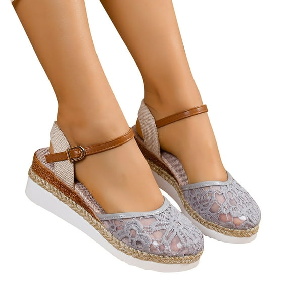 Xfvqtps Womens Wedge Sandals Flatform Espadilles Close Toe Ankle Adjustable Buckle Flower Embroidery Gauze Hollow out Linen Sole Non Slip Lightweight Comfortable Breathable Summer Sandals Gray