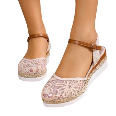 Xfvqtps Womens Wedge Sandals Platform Espadilles Close Toe Ankle Adjustable Buckle Flower Embroidery Gauze Hollow out Linen Sole Non Slip Lightweight Comfortable Breathable Summer Sandals Beige