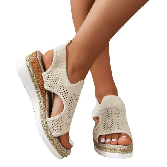 Xfvqtps Womens Wedge Sandals Flatform Espadilles Linen Elasticity Hollow out Slip on Open Toe Non Slip Lightweight Breathable Dressy Casual Summer Sandals Beige