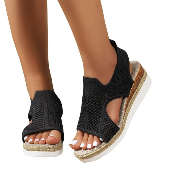 Xfvqtps Womens Wedge Sandals Flatform Espadilles Linen Elasticity Hollow out Slip on Open Toe Non Slip Lightweight Breathable Dressy Casual Summer Sandals Black