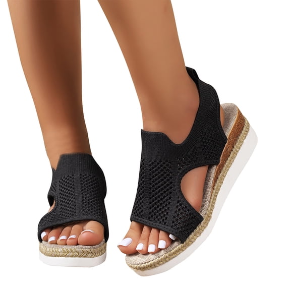 Xfvqtps Womens Wedge Sandals Flatform Espadilles Linen Elasticity Hollow out Slip on Open Toe Non Slip Lightweight Breathable Dressy Casual Summer Sandals Black
