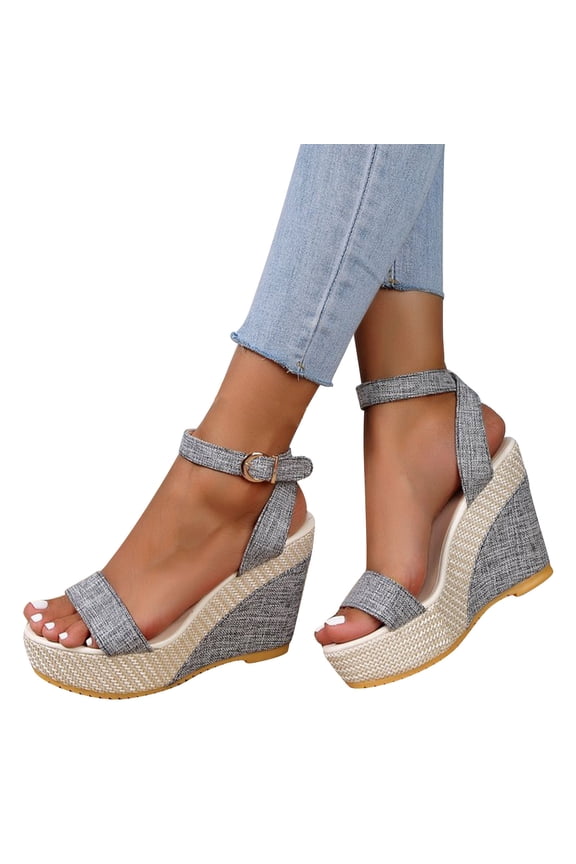 Womens Wedge Sandals Flatform Espadilles Open Toe High Heels Ankle Strap Adjustable Buckle Color Block Non Slip Comfortable Breathable Summer Sandals Gray