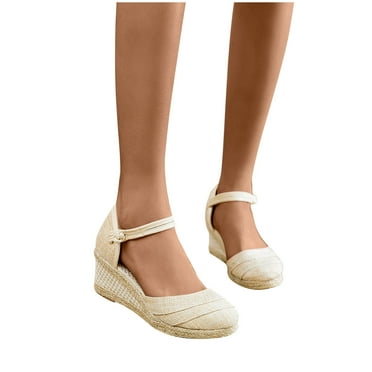 Xfvqtps Womens Wedge Sandals Platform Espadrille Heel Close Toe Fold Ankle Buckle Casual Non Slip Breathable Summer High Heels Beige