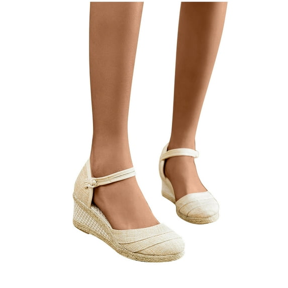 Xfvqtps Womens Wedge Sandals Flatform Espadrille Heel Close Toe Fold Ankle Buckle Casual Non Slip Breathable Summer High Heels Beige
