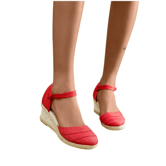 Xfvqtps Womens Wedge Sandals Flatform Espadrille Heel Close Toe Fold Ankle Buckle Casual Non Slip Breathable Summer High Heels Red