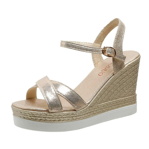 Xfvqtps Womens Wedge Sandals Platform High Heel Open Toe Cross Straps Sparkly Metallic Color Ankle Strap Adjustable Buckle Dressy Casual Fashion Lightweight Summer High Heels Gold