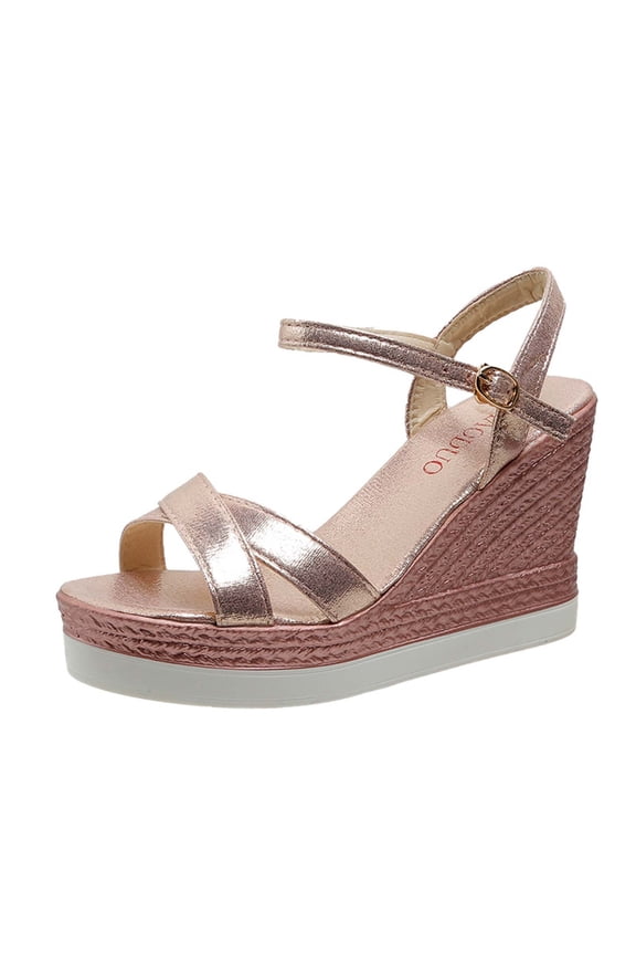 Womens Wedge Sandals Flatform High Heel Open Toe Cross Straps Sparkly Metallic Color Ankle Strap Adjustable Buckle Dressy Casual Fashion Lightweight Summer High Heels Pink