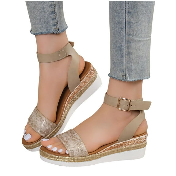 Xfvqtps Womens Wedge Sandals Flatform Open Toe Ankle Adjustable Buckle Print Non Slip Soft Sole Comfortable Lightweight Summer Sandals Khaki