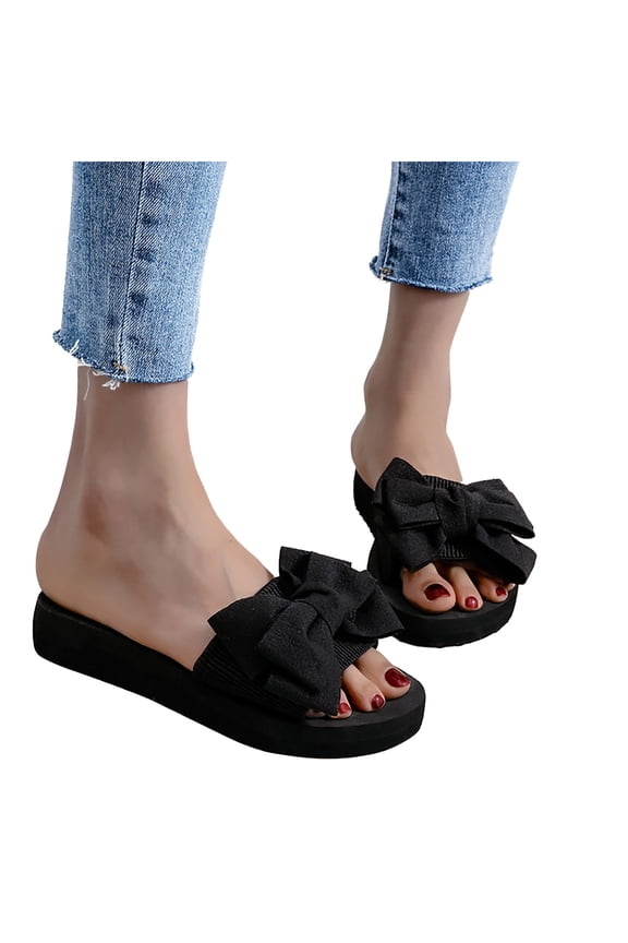 Womens Wedge Sandals Slide Bow Flatform Soft Sole Non Slip Lightweight Comfortable Breathable Summer Sandals Black