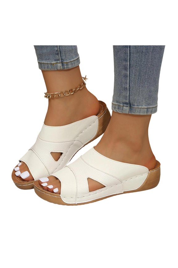 Womens Wedge Sandals Wide Strap Cutout Slides Breathable Soft Sole Casual Summer Slip on Comfort Mules for Walking