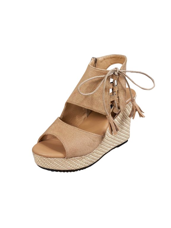 Womens Wedge Sandals with Side Zipper Bohemian Tassel Lace up Peep Toe Espadrille Heel for Summer Vacation and Casual Outfit