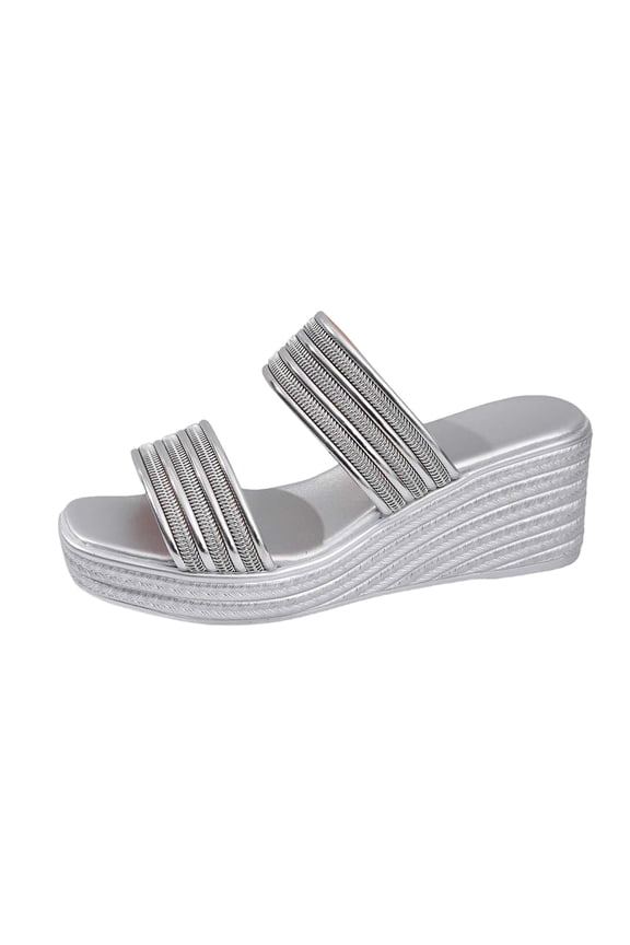 Womens Wedge Slide Sandals Metallic Color Casual Ribbed Strap Slip on Comfortable Peep Toe Summer Shoes