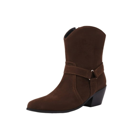 Xfvqtps Womens Western Ankle Boots British Style Pointed Toe Booties with Metal Buckle Side Zip Wooden Low Heel Fashion Boots Coffee