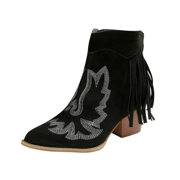 Xfvqtps Womens Western Ankle Boots with Embroidery Fringe Chunky Block Heel Fashion Winter Boots Comfortable Suede Lace up Boho Booties Black