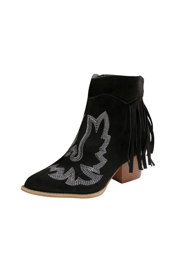 Womens Western Ankle Boots with Embroidery Fringe Chunky Block Heel Fashion Winter Boots Comfortable Suede Lace up Boho Booties Black