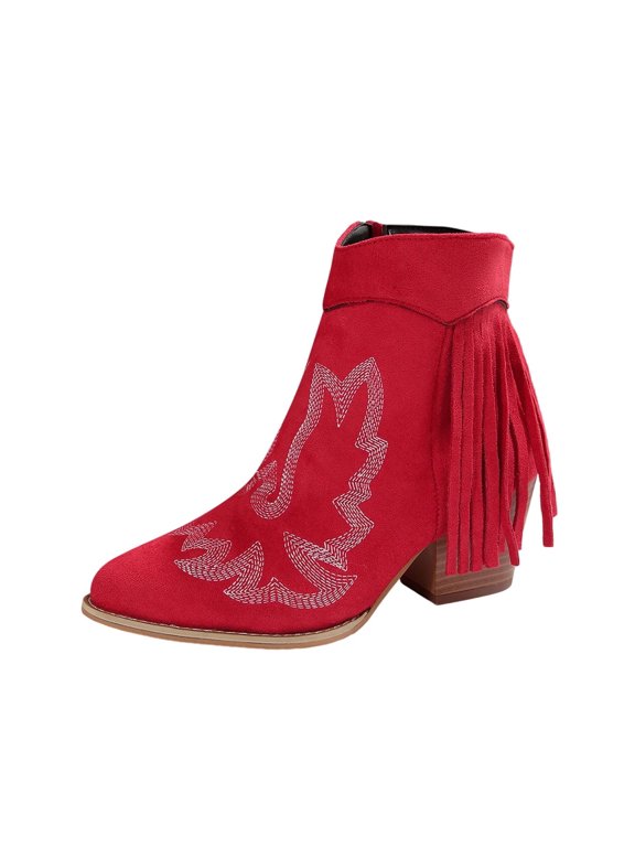 Womens Western Ankle Boots with Embroidery Fringe Chunky Block Heel Fashion Winter Boots Comfortable Suede Lace up Boho Booties