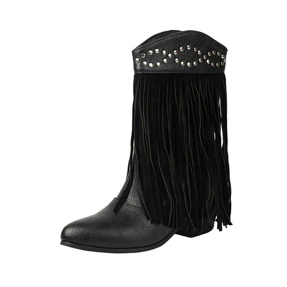 Xfvqtps Womens Western Ankle Boots with Tassel Detail Round Toe Chunky Heel Cowboy Booties Fashion Fall Winter Casual Boots for Women Black