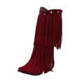 thumbnail image 1 of Xfvqtps Womens Western Boots Cowgirl Boots Mid Calf with Long Tassels Pointed Toe Chunky Heel Fashion Boho Booties for Fall Winter Red, 1 of 5