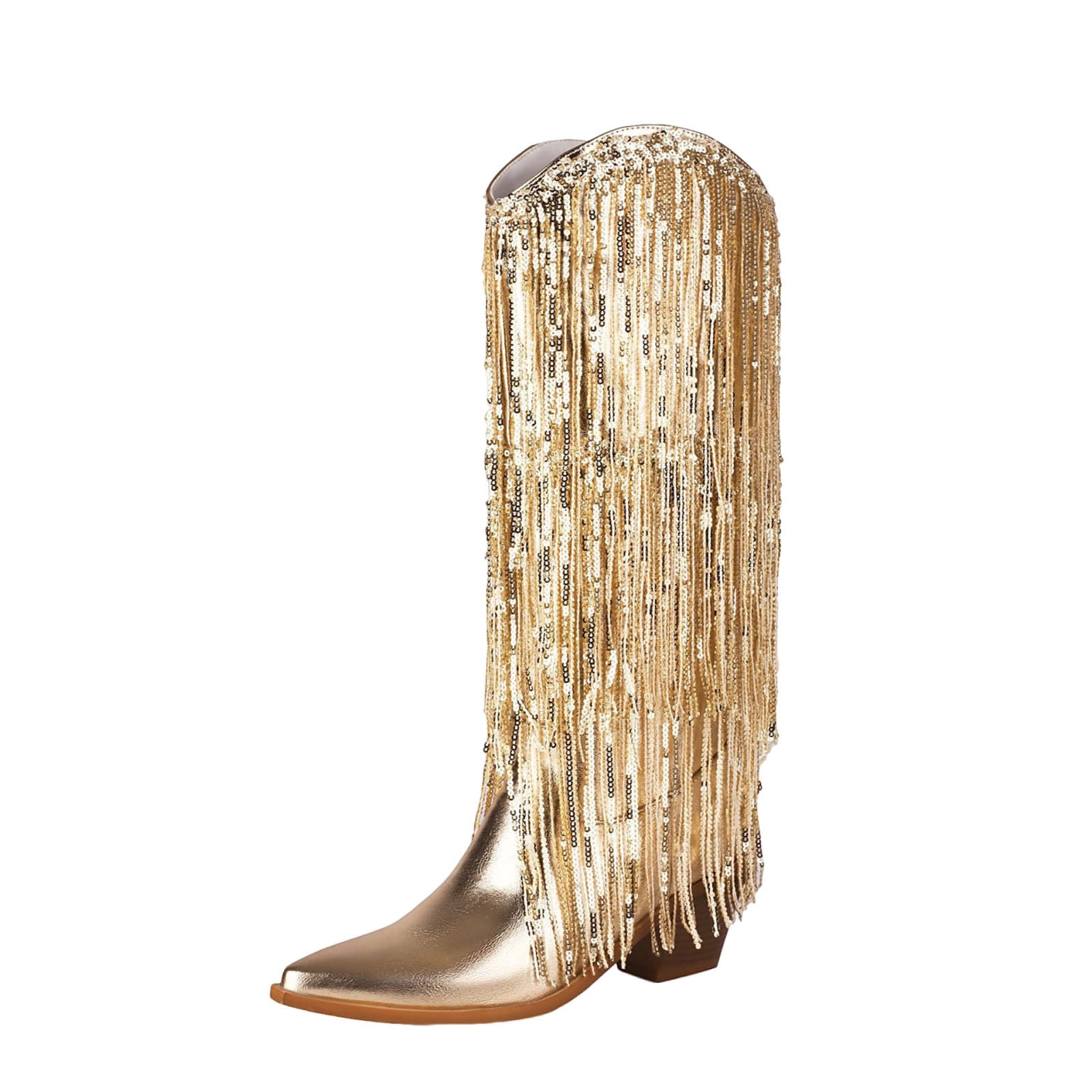 Xfvqtps Womens Western Boots Sequined Tassel Pointed Toe Chunky Heel — free download