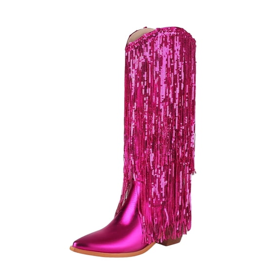 Xfvqtps Womens Western Boots Sequined Tassel Pointed Toe Chunky Heel Winter Fashion Boots Metallic Leather Party Cowgirl Boots for Women