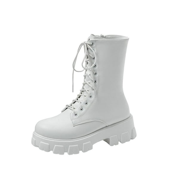 Xfvqtps Womens Winter Boots Fashion Thick Flatform Sole Mid Calf Boots Lace up Ankle Boots Side Zipper Easy on Faux Leather Water Resistant Casual Wear Durable Boots White