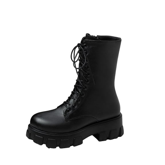 Xfvqtps Womens Winter Boots Fashion Thick Flatform Sole Mid Calf Boots Lace up Ankle Boots Side Zipper Easy on Faux Leather Water Resistant Casual Wear Durable Boots Black