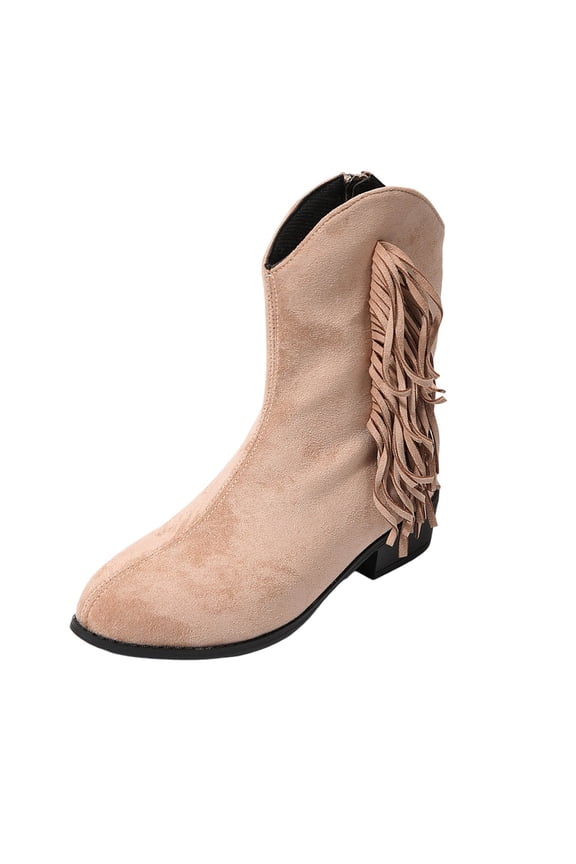 Womens Winter Boots Mid Calf with Tassel Suede Boho Booties Side Zipper Chunky Heel Casual Shoes for Women Fashion Comfortable Ankle Boots Khaki