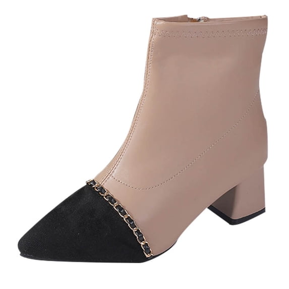 Xfvqtps Womens Winter Boots with Fur Lined Warm Fashion Chunky Heel Ankle Boots Pointed Toe Slip Resistant Sole Casual Dress Boots for Women Khaki