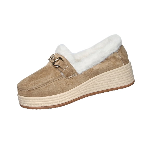Xfvqtps Womens Winter Loafers Fleece Lined Flat Shoes Casual Comfortable Warm Slip on Metal Chain Everyday Wear Khaki
