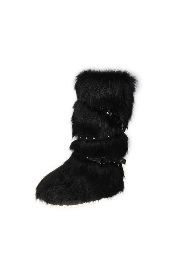 Womens Winter Snow Boots Knee High with Buckle Strap Detail Faux Leather Faux Fur Lined Warm Boots Fashion Y2K Flatform Boots for Streetwear Black