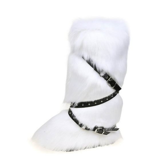 Xfvqtps Womens Winter Snow Boots Knee High with Buckle Strap Detail Faux Leather Faux Fur Lined Warm Boots Fashion Y2K Flatform Boots for Streetwear White