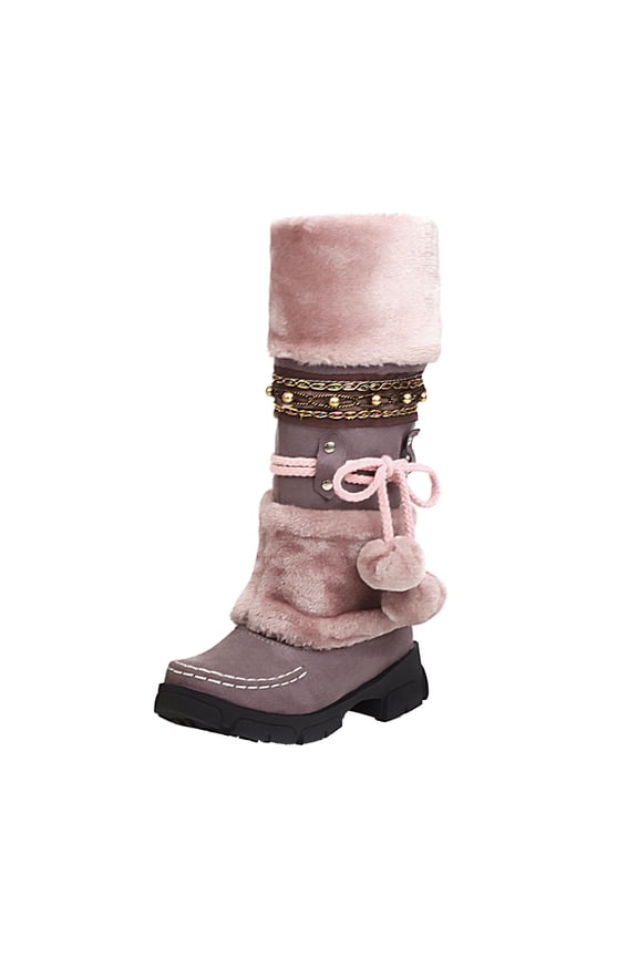 Womens Winter Snow Boots Knee High Warm Fuzzy Lined Boots with Ethnic Beaded Decor Suede Outdoor Cold Weather Boots Purple