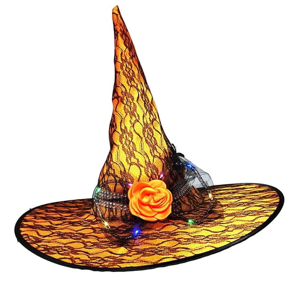 Xfvqtps Womens Witch Hat Lace Rhinestone Feather Flower Spider Party Carnival Accessory Fascinators Hats Orange-01