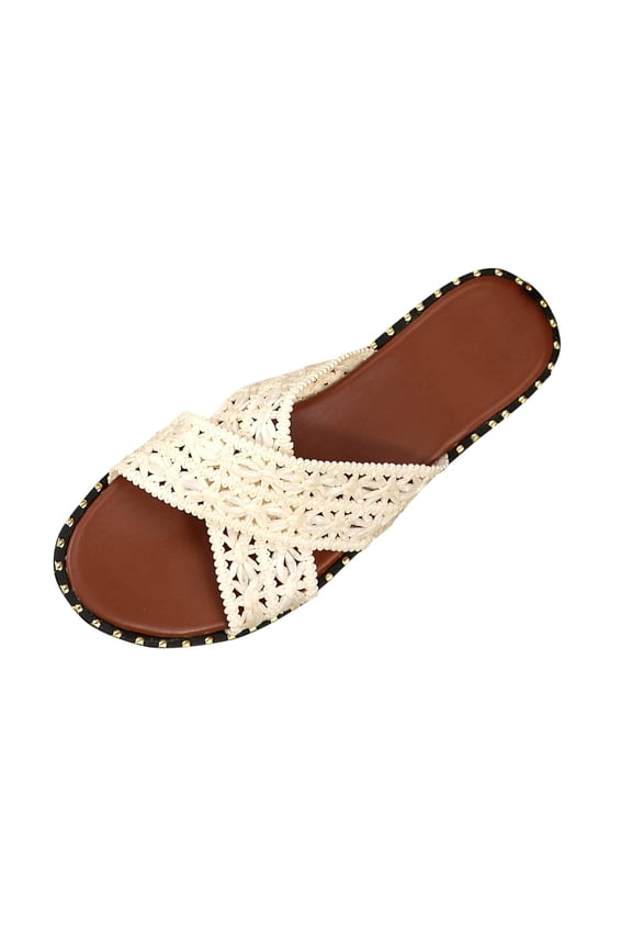Womens Woven Sandals Flat Bohemian Slides Crisscross Strap Breathable Casual Shoes for Spring Summer Beach Outdoor