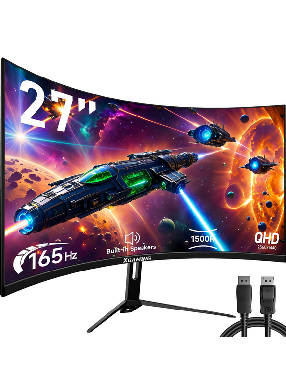 Xgaming 27-inch 165Hz/144Hz Curved Gaming Monitor, Ultra Wide 16:9 1440p PC Monitor for Laptop with 2*Speakers, 1ms AMD, QHD2K(2560 x 1440p) HDR Computer Monitor Support VESA, HDMI&DP, Metal Black