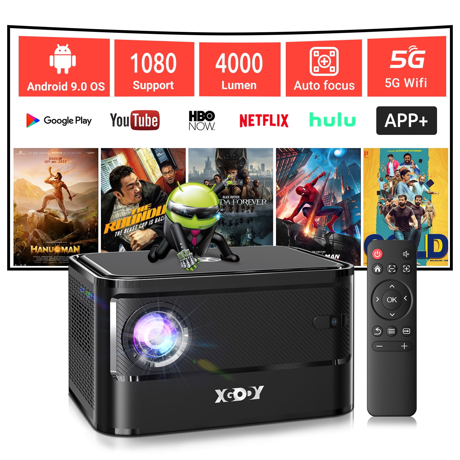 Xgody XI Movie Projectors With WIFI And Bluetooth, Android TV 9.0 Smart  Projector Built in APP, 1080P Native and 2300 Inch Display Supported, for  Home