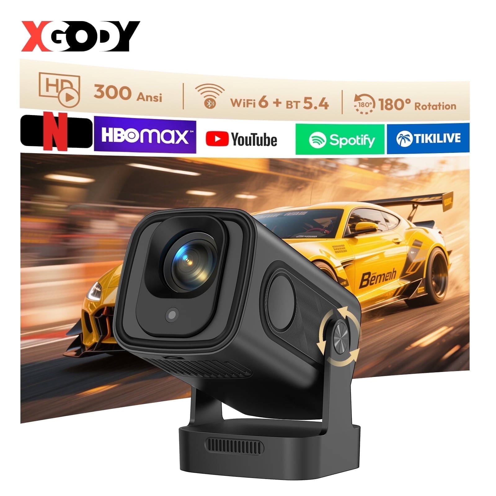 XGODY Gimbal 5 Pro Wifi, 5G, Bluetooth Mini Projector, 1080P/4K, LCD, with Accessories, Black, 1 Count