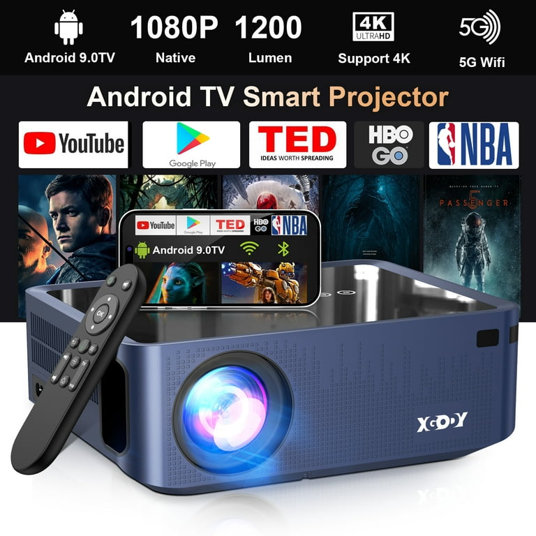 Xgody Native 1080P Projector 4K Supported, Android TV 9.0 Smart Projector, WiFi Bluetooth Movie Projectors , Home Theater Projector, Size: 16.7*12.5*