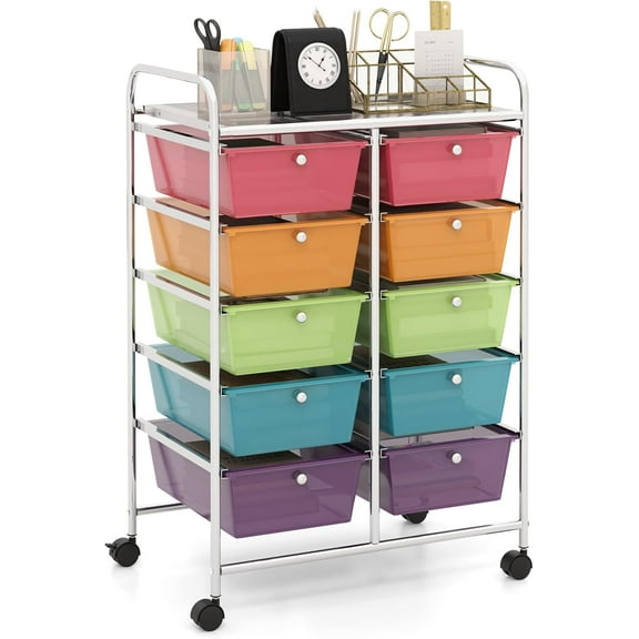 XgoodX 10-Drawer Rolling Storage Cart, Storage Organizer Cart with Lockable Wheels, Beauty Salon Movable Utility Cart for School, Office, Home, (Clear Colorful)
