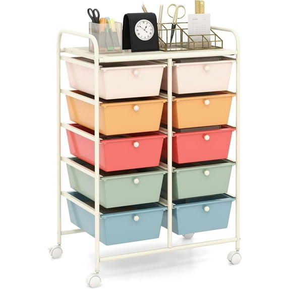 XgoodX 10-Drawer Rolling Storage Cart, Storage Organizer Cart with Lockable Wheels, Beauty Salon Movable Utility Cart for School, Office, Home, (Macaroon Colorful)