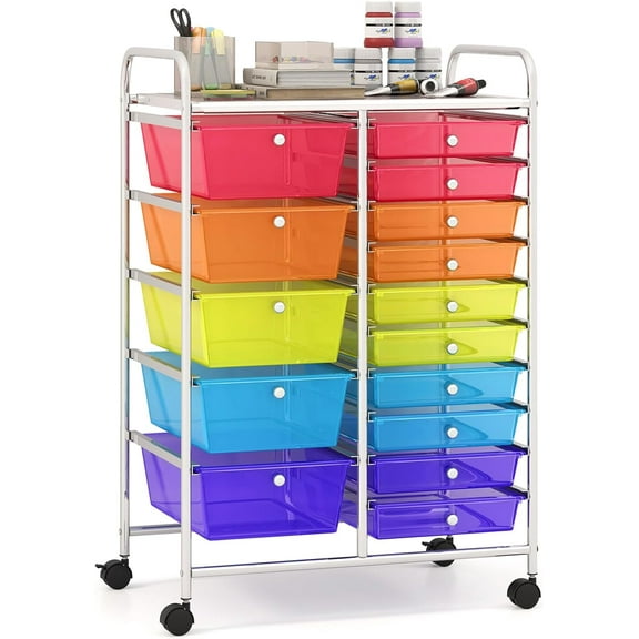 XgoodX 15 Drawer Rolling Cart with Drawers, Storage Organizer Cart for Classroom Office School Teacher, Mobile Drawer Cart for Tools, Crafts, Small Printer, Paper (Clear Red+Orange+Green+Blue+Purple)