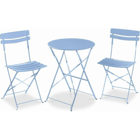 XgoodX 3-Piece Bistro Set, Space Saving Folding Design, Solid Steel, Outdoor Patio Furniture Set w/ 2 Chairs, Bistro Table - Light Blue
