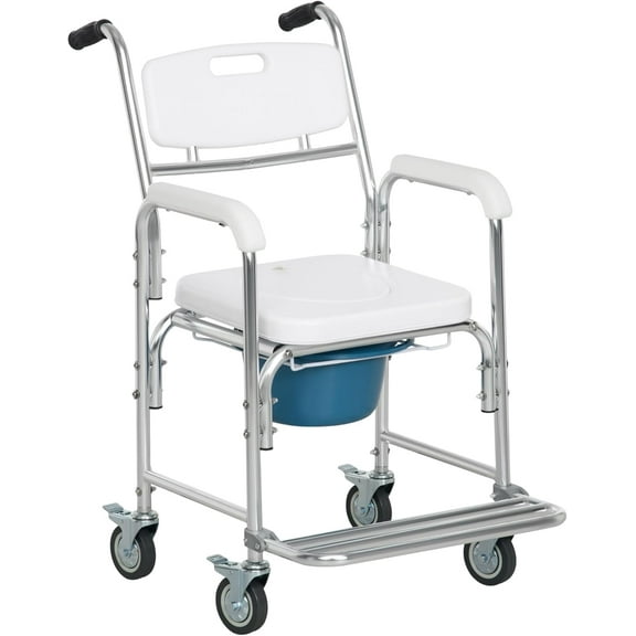 XgoodX 3-in-1 Shower Commode Wheelchair, Transport Beside Commode Chair, Waterproof Rolling Over Toilet Chair 330 lbs. Weight Capacity with Padded Seat,White