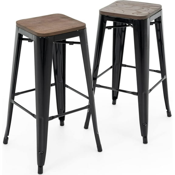 XgoodX  30 Inch Metal Bar Stools with Square Solid Elm Wood Seat Top, Backless Stackable Industrial Barstools Set of 2 (Black)
