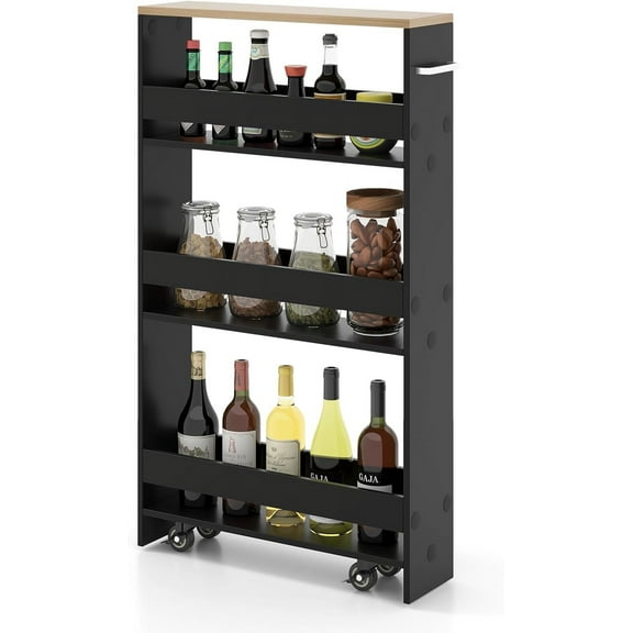 XgoodX 4-Tier Slim Storage Cart, Kitchen Utility Cart on Wheels with Handle & Open Shelves, Narrow Rolling Storage Cart, for Kitchen, Bathroom, Laundry, Small Places -Black & Natural