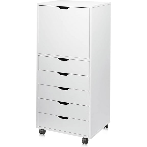 XgoodX 5-Drawer Wood Dresser with Top Cabinet Storage, Mobile Chest of Drawers, Wide Storage Space for Home Office, White