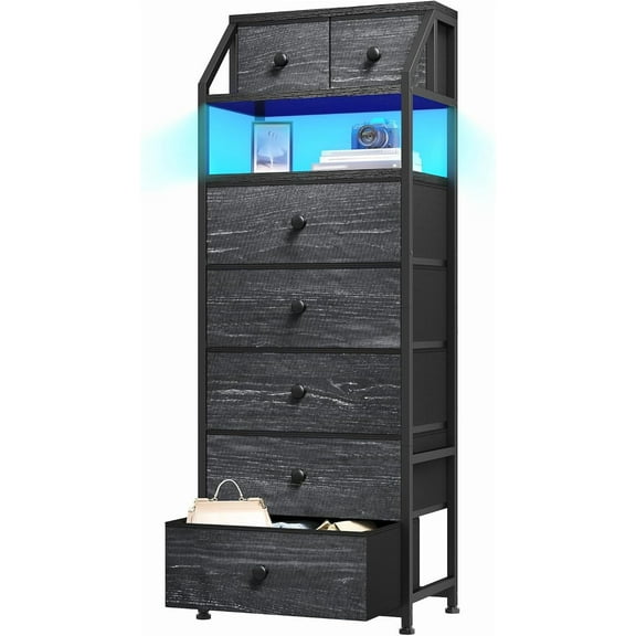 XgoodX 51.2" H Tall Dresser for Bedroom with LED Lights, Night Stand with 7 Drawers, Dressers & Chests of Drawers with Open Wood Shelf, Metal Frame, Bedside Table with Fabric Storage Bins, Black