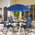 thumbnail image 1 of XgoodX 6 Pieces Folding Patio Dining Set, All Weather Small Metal Outdoor Table and Chair Set, Garden Patio Furniture Set w/Umbrella, Glass Table & 4 Folding Chairs for Lawn, Backyard, Blue, 1 of 11