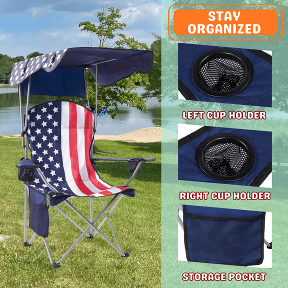 XgoodX Beach Camping Folding Chair for Camping Chair with Canopy Foldable W/Sun Shade-Flag